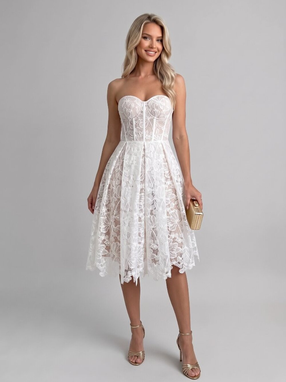 Women's White Lace Corset Midi Dress Strapless Sweetheart A-Line Formal